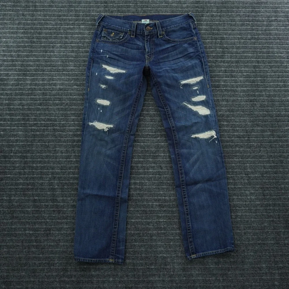 True Religion Billy Jeans Mens 34 Blue Distressed Ripped Straight Leg USA Made